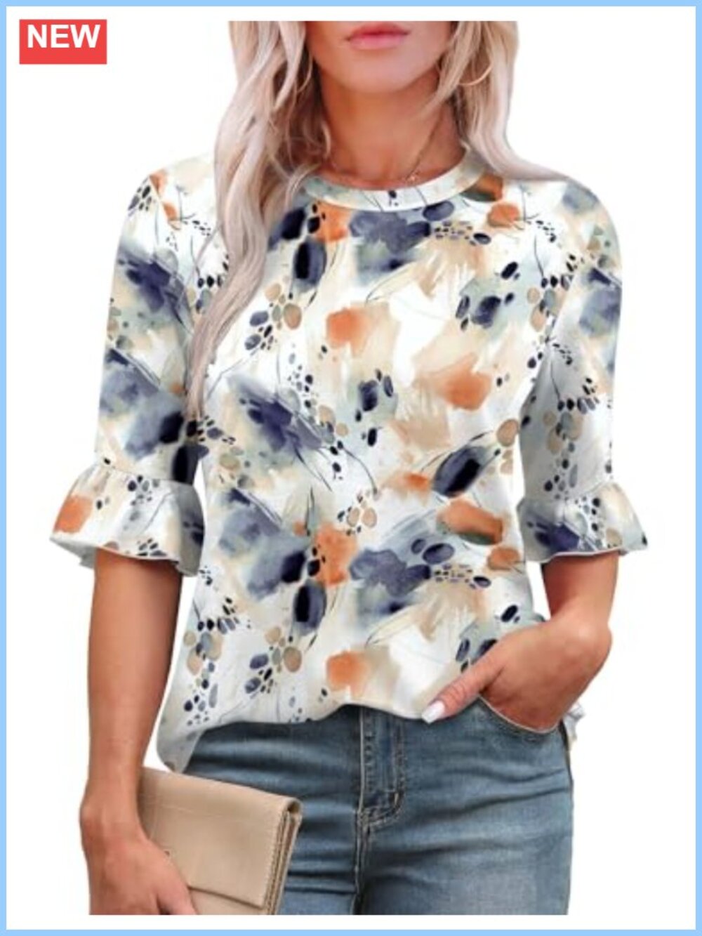 Rapbin Womens 3/4 Sleeve Ruffle Tunic Blouse Floral Loose Fit Crew Neck